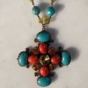 VINTAGE -  Cross Brass Stone Crystal Necklace